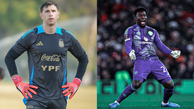 Kolase foto Emi Martinez dan Andre Onana. [Instagram]